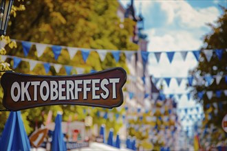 Wooden sign with text 'Oktoberfest' at entry of traditional Bavarian German festival. Generative