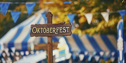 Banner with wooden sign with text 'Oktoberfest' at traditional Bavarian German festival. Generative