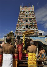 Hindus at the temple festival in front of the Hindu temple Sri Kamadchi Ampal, Hamm, Ruhr area,