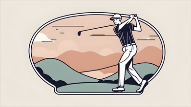 Male golf player in retro design line art style illustration, AI generated