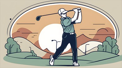 Male golf player in retro design line art style illustration, AI generated