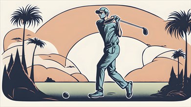 Male golf player in retro design line art style illustration, AI generated