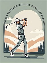 Male golf player in retro design line art style illustration, AI generated