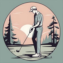 Male golf player in retro design line art style illustration, AI generated