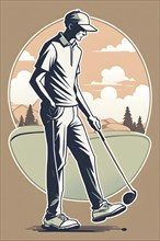 Male golf player in retro design line art style illustration, AI generated