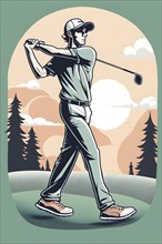 Male golf player in retro design line art style illustration, AI generated