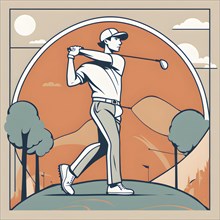 Male golf player in retro design line art style illustration, AI generated