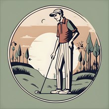 Male golf player in retro design line art style illustration, AI generated