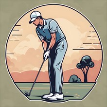 Male golf player in retro design line art style illustration, AI generated