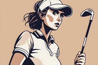 Female golf player in retro design line art style illustration, AI generated