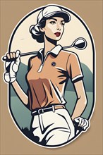 Female golf player in retro design line art style illustration, AI generated