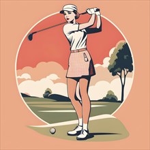 Female golf player in retro design line art style illustration, AI generated