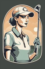 Female golf player in retro design line art style illustration, AI generated