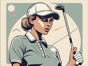 Female golf player in retro design line art style illustration, AI generated