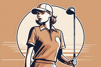 Female golf player in retro design line art style illustration, AI generated