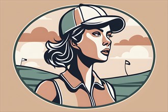 Female golf player in retro design line art style illustration, AI generated