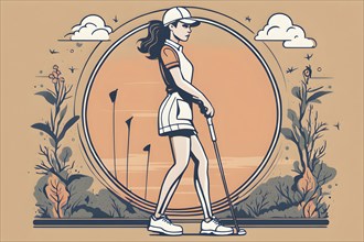 Female golf player in retro design line art style illustration, AI generated