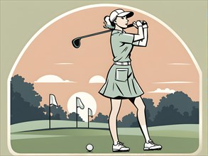 Female golf player in retro design line art style illustration, AI generated