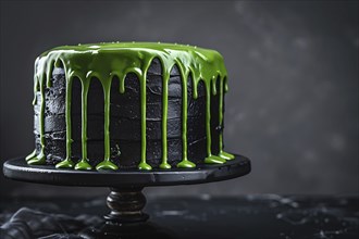 Black Halloween cake with bright neon green dripping frosting. Generative Ai, AI generated