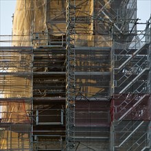 Scaffolded steeple of the Provost's Church of St Peter and Paul, Bochum, Ruhr area, North