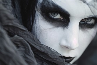 Close up of man's face with spooky pale white ghost Halloween costume makeup. Generative Ai, AI