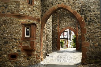 Double castle gate, north gate at the Adolfsturm, medieval Friedberg castle, old town centre,