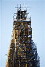 Scaffolded steeple of the Provost's Church of St Peter and Paul, Bochum, Ruhr area, North