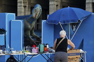 Plateosaurus model with flea market at the Bochum sign on the town hall square, Dino City III,