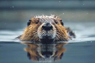 Close up of beaver swimming in lake. Generative AI, AI generated