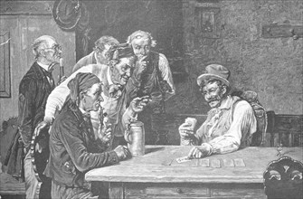 A man shows card tricks and five others watch enthusiastically, Scene in a pub around 1890,