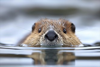 Close up of beaver swimming in water. Generative AI, AI generated