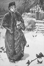 Woman feeding the wild birds in the park in winter, 1895, Germany, Historic, digitally restored