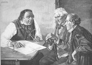 Politicians, three men discussing a decree at the regulars' table, 1890, Germany, Historical,