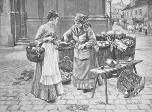 Vegetable woman selling fresh vegetables to a customer at a stall in the city, 1890, Germany,