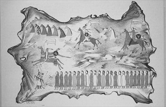 Painted buffalo hide of the Dakota Indian Long Dog, scene depicting him stealing horses and