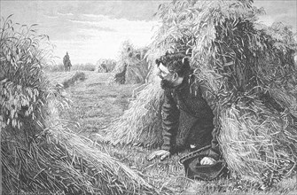 Escaped, a fugitive crook has hidden from the policeman in a sheaf of grain, 1897, Germany,