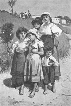 Release of birds by the girls, Capri, around 1880, Italy, Historical, digitally restored