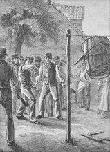 Folk games in Holstein in the 19th century. Throwing the pigeons out of the barrel, Germany,