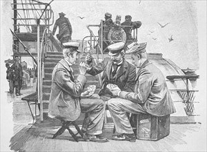 Men, summer holidaymakers on their way to Heligoland by ship playing cards, Skat, 1880, Germany,