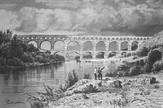 The aqueduct in Nimes, Pont du Gard, France, Historical, digitally restored reproduction from a