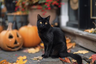 Cute black cat sitting in front of carved Halloween pumpkins, Generative Ai, AI generated