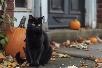 Black cat sitting in street with carved pumpkins in background. Generative Ai, AI generated