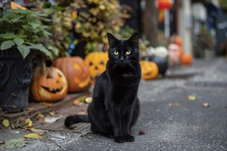 Black cat sitting in street with carved pumpkins in background. Generative Ai, AI generated