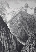 Pass in the Himalayan Mountains, Pakistan, A detailed engraving of majestic mountains and rocks in