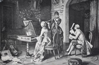 Music lessons, Women and a man playing musical instruments in an elegant baroque parlour, Historic,