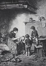 In the kitchen, mother feeding a child while two other children watch, in the domestic interior,