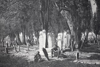 Cemetery scene with gravestones and two seated persons under trees, Turkish cemetery near Skutari,