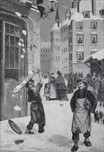 Accidental transport of stollen, the baker's boy loses the Christmas stollen from his board,