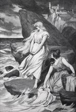 Gudrun by the sea, Two woman standing on rocks and looking out over a stormy sea, Historic,