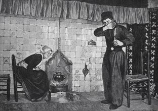 Woman sitting in front of a stove while a man blows his nose in embarrassment, shy suitor,